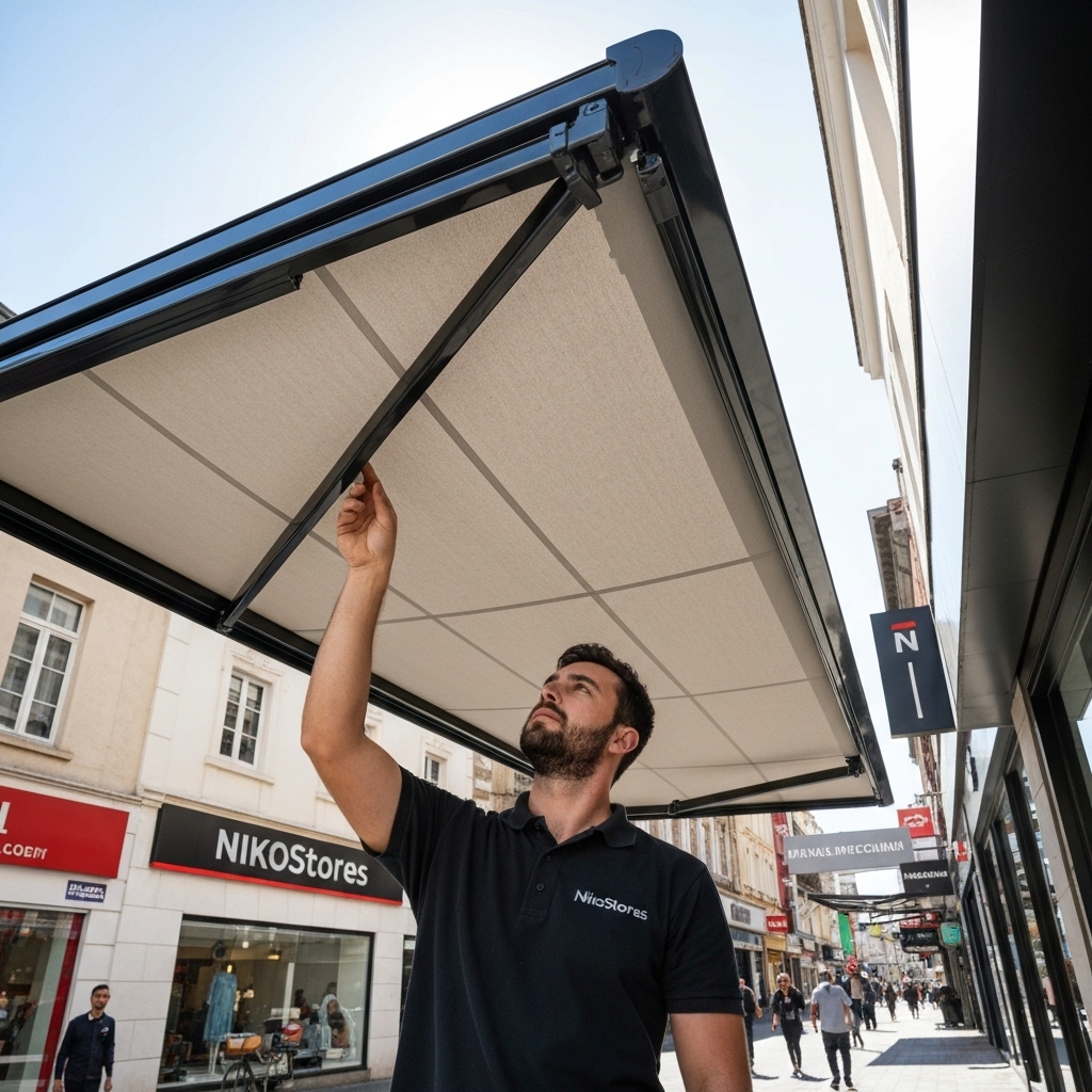 Professional installer from NikoStores adjusting a canvas awning on a storefront