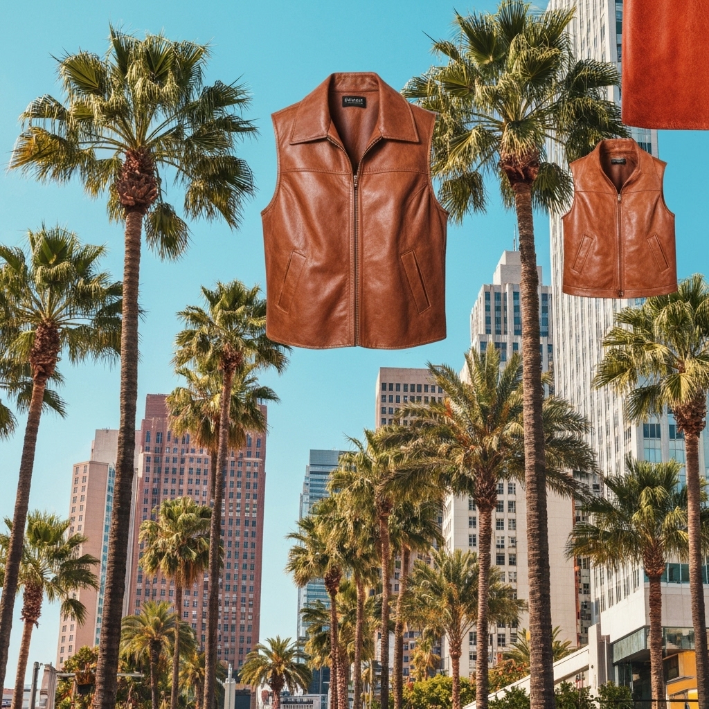 Digital collage showing distinct elements of LA style like palm trees and denim versus NYC style with skyscrapers and leather jackets