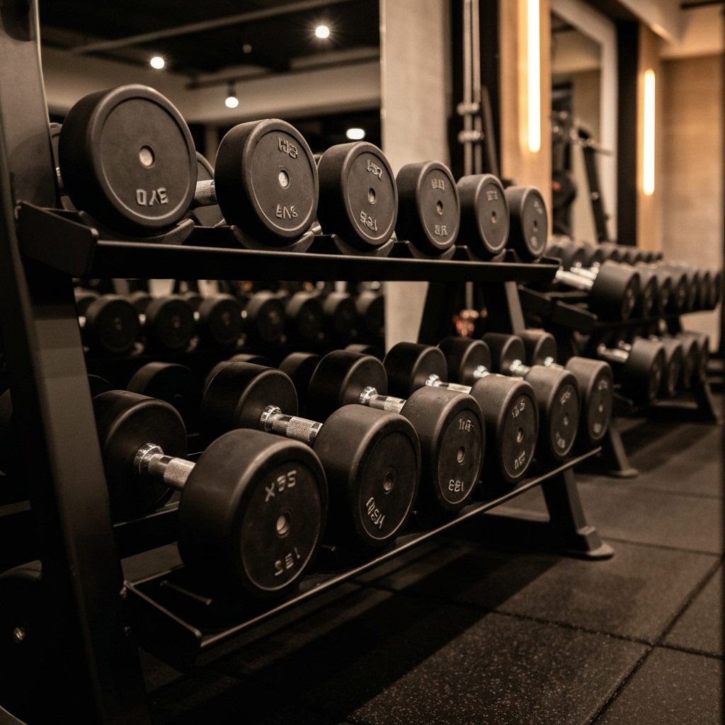 Close up of heavy dumbbells on a rack in a modern gym with warm lighting
