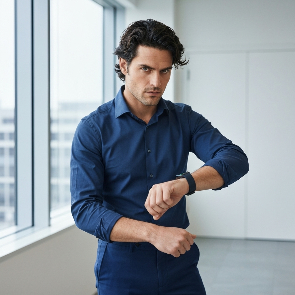 A determined man in business casual attire looking at a fitness tracker or smartwatch, blending corporate life with fitness goals