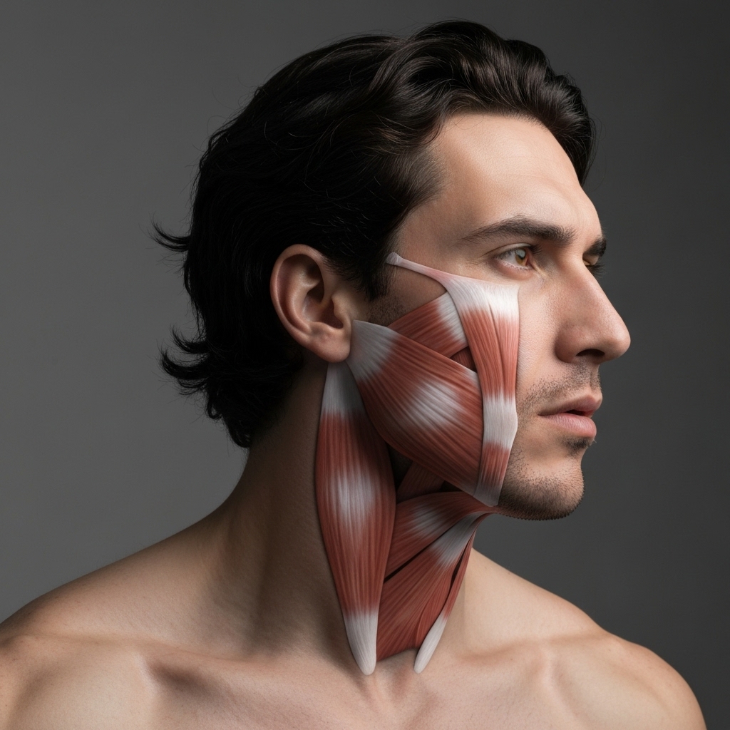 Close-up artistic representation of human jaw muscle anatomy showing tension points glowing red vs blue relaxed areas, realistic medical style