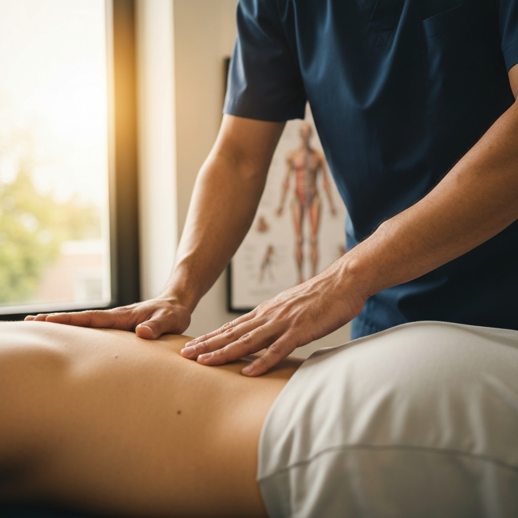 Thérapeute réalisant une manipulation ostéopathique douce dans un cabinet lumineux avec une planche anatomique des méridiens en arrière-plan