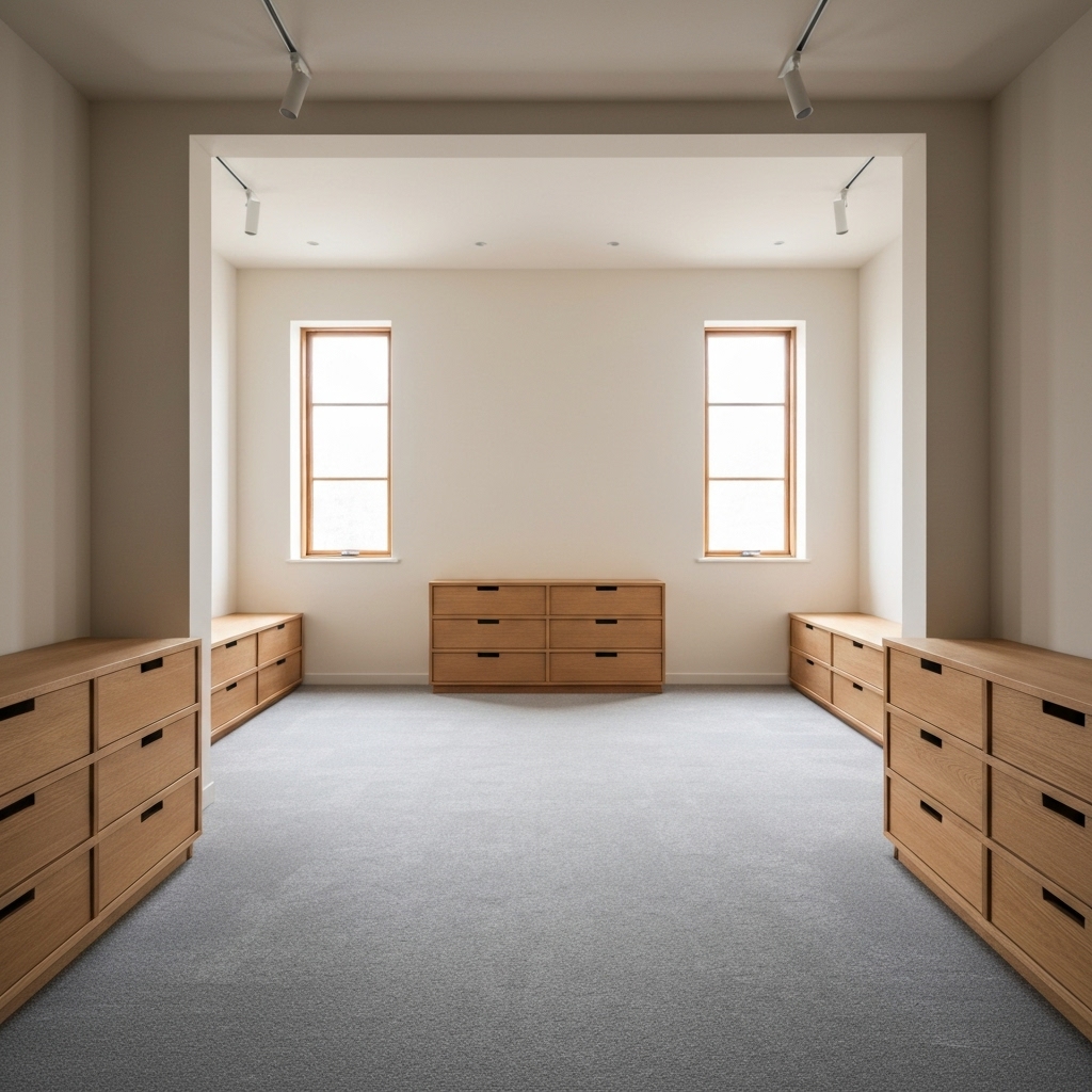 Before and after comparison of a decluttered living space showing organized storage and open areas