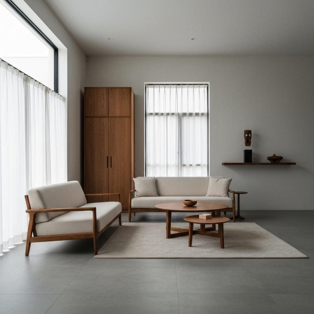 A bright, modern living room interior in Switzerland showing a mix of repurposed furniture and minimalist decor