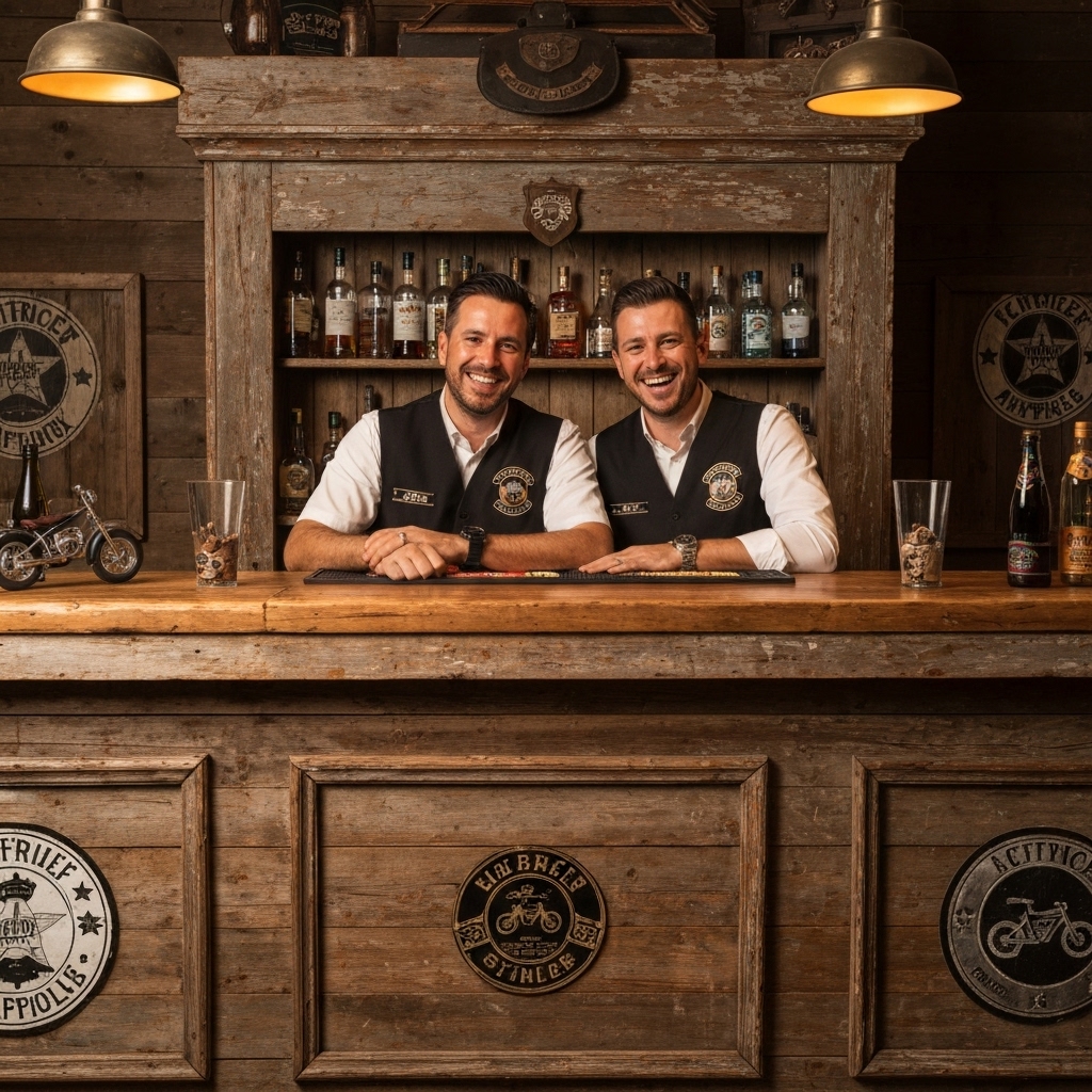 Marco et Béatrice welcoming guests behind the bar with bikers atmosphere and wooden decor