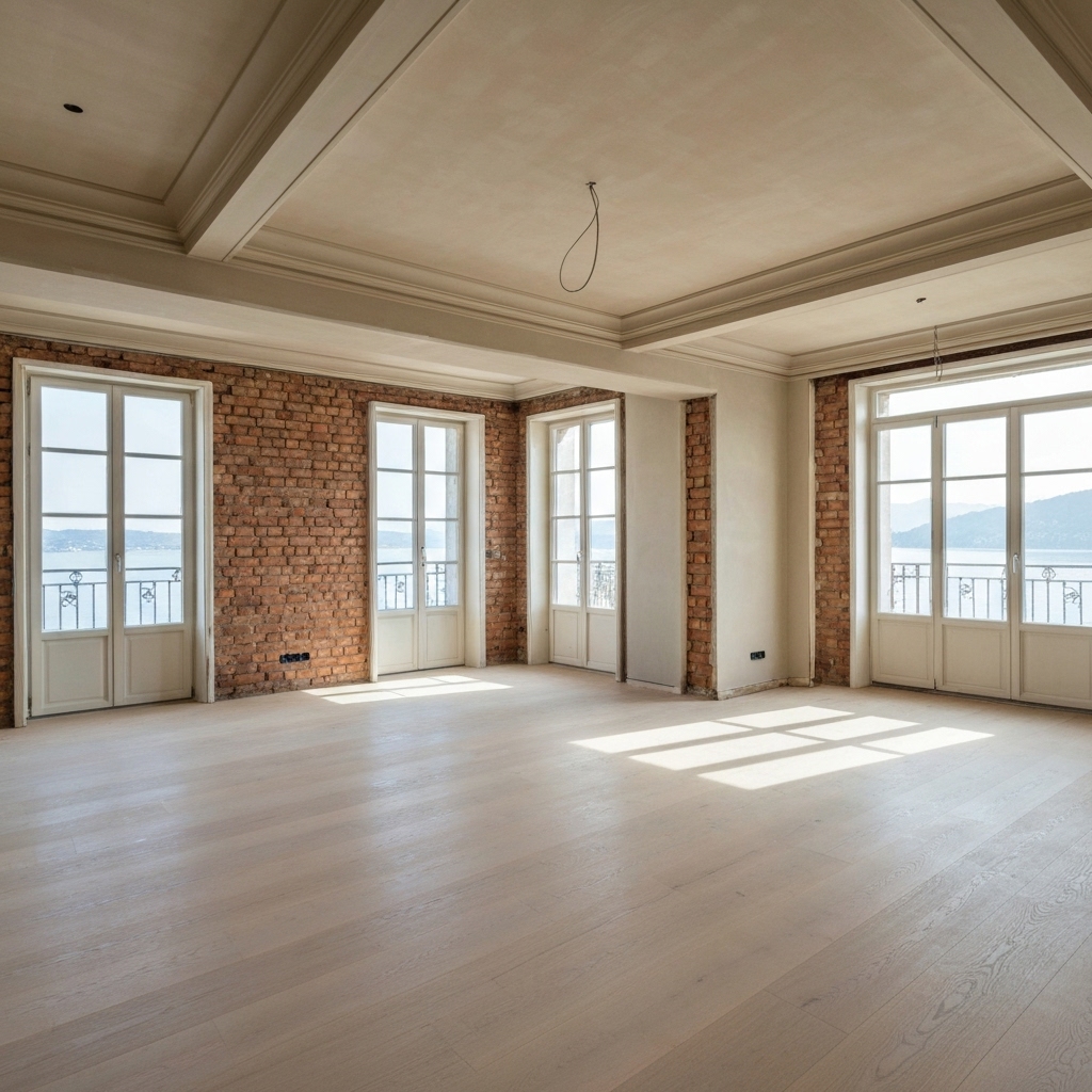 Rendu photoréaliste d'un salon luxueux en cours de finition dans un appartement haussmannien à Lausanne, montrant des matériaux nobles et une vue sur le lac