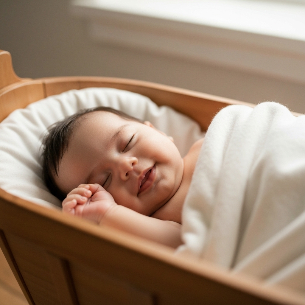 Close up of a child sleeping peacefully in a freshly painted room with soft pastel colors