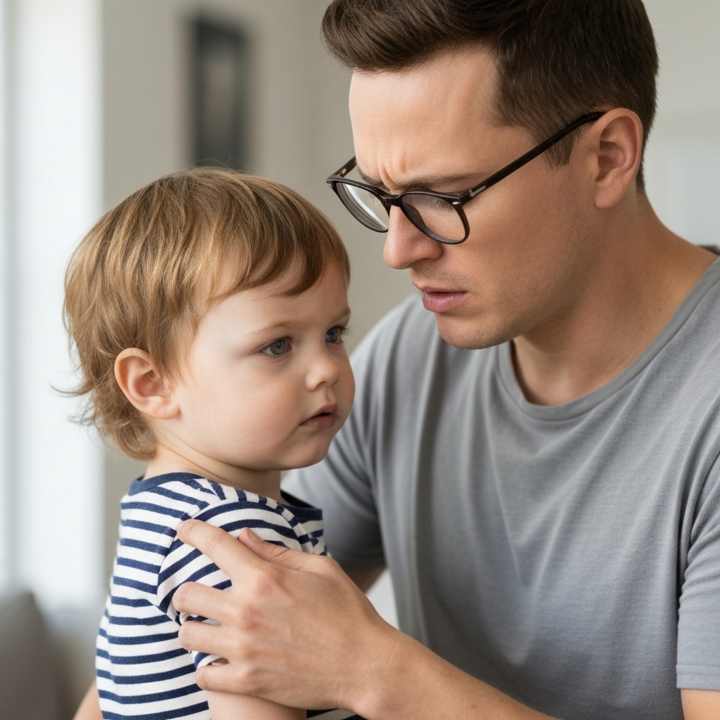 Parent looking anxiously at a paint can label comparing ingredients