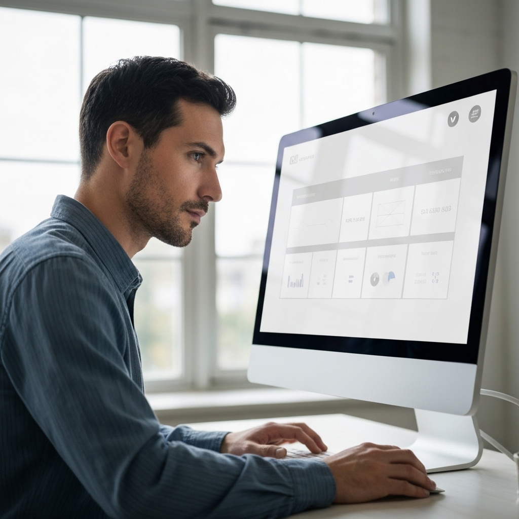 A digital marketer analyzing a comparison table on a monitor generated by AI logic