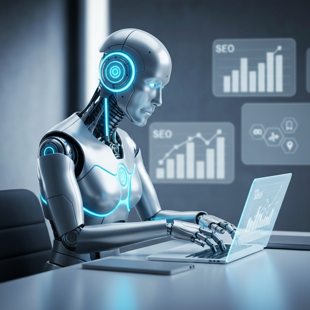 Futuristic robot typing on a holographic laptop surrounded by SEO growth charts and affiliate marketing icons