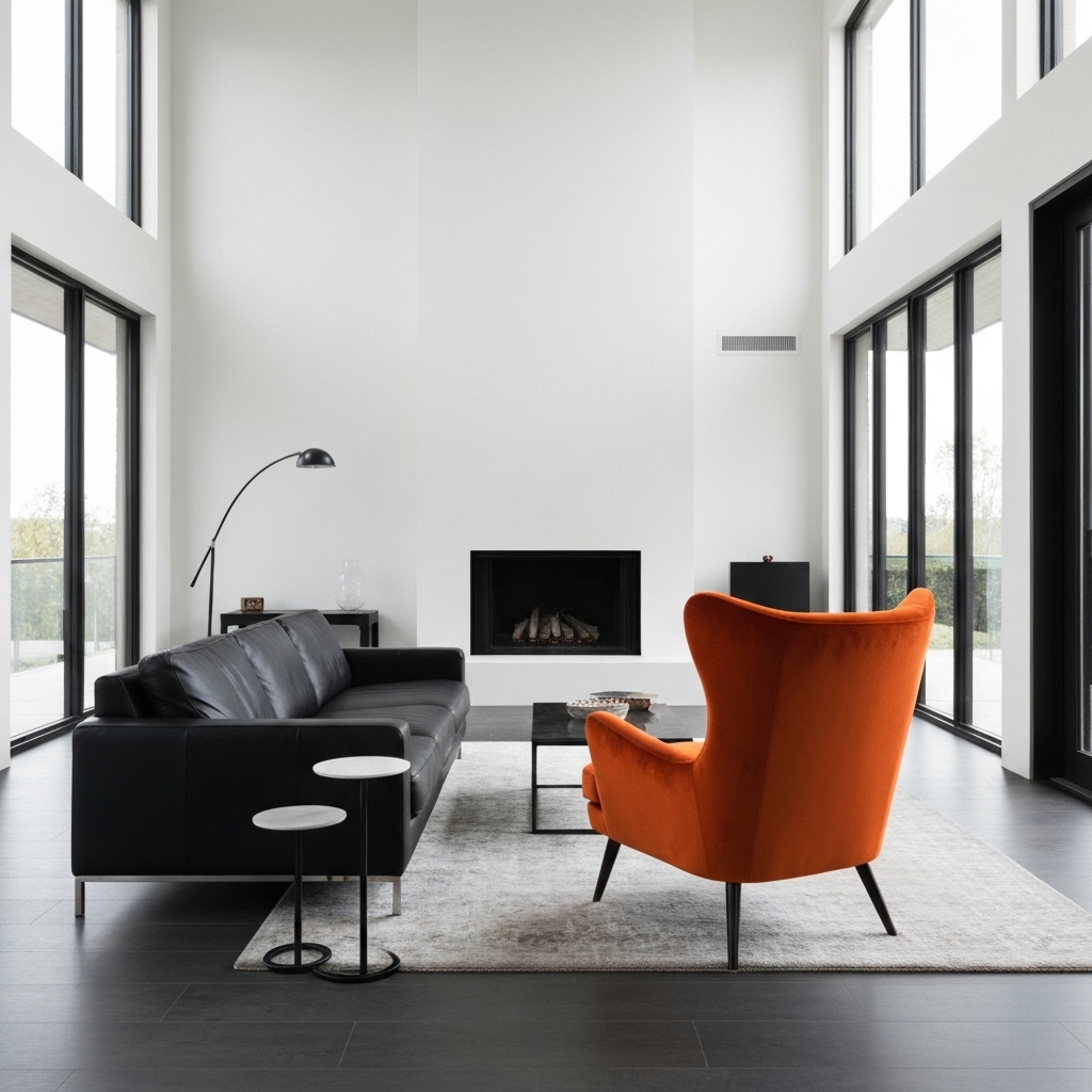 Image photoréaliste d'un salon moderne avec un sol en béton brut peint en gris clair, mobilier contemporain, lumière naturelle abondante