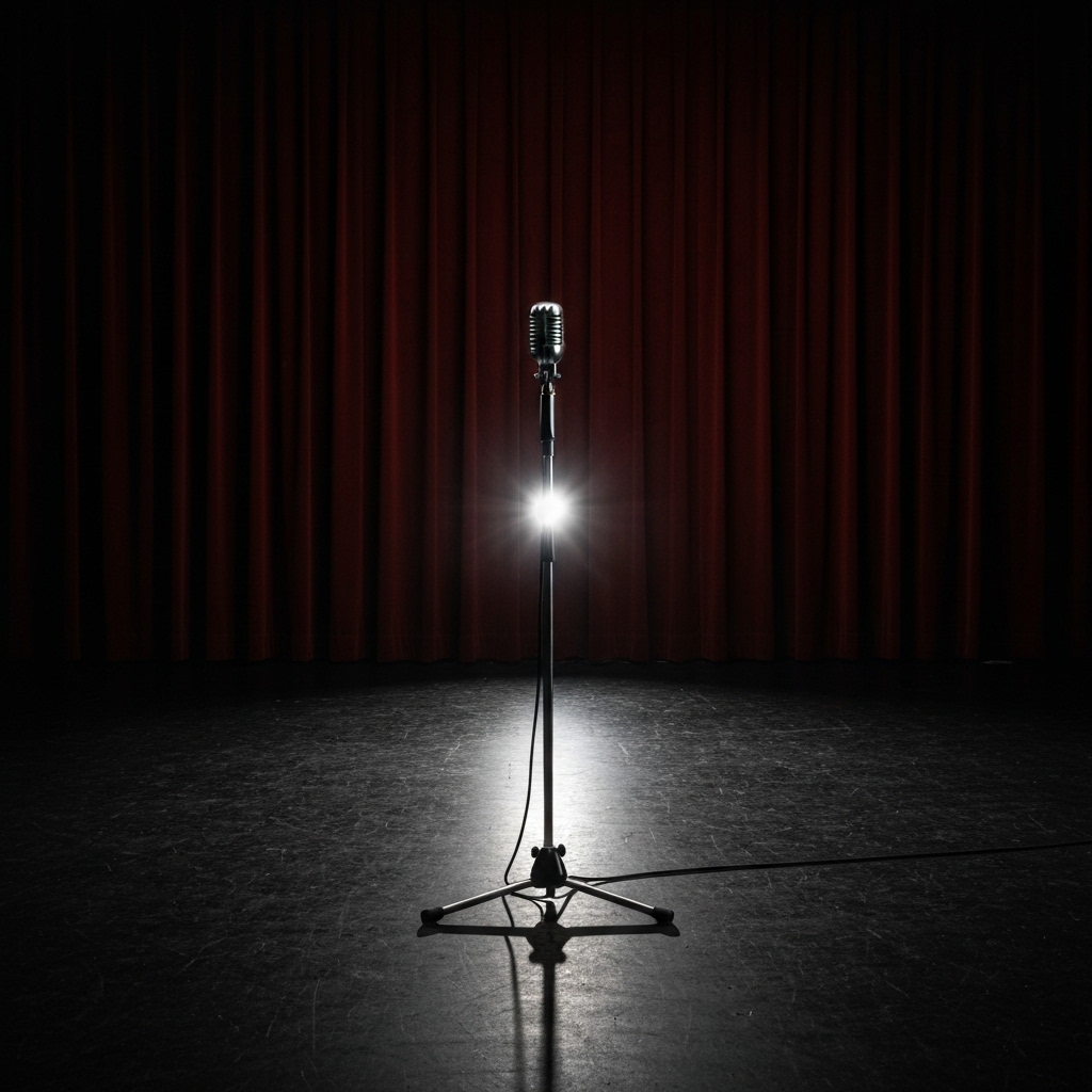 A theater stage with a single spotlight shining on a microphone stand, symbolizing the opportunity for artists to be seen.