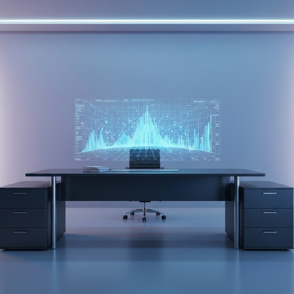 A futuristic digital marketing workspace with holographic screens displaying website analytics and AI interfaces, photorealistic style