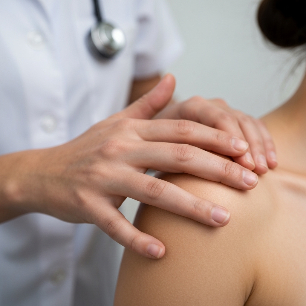 Close up of osteopathic hands gently touching a patient's shoulder, conveying safety and professional care.