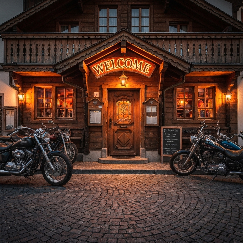 A welcoming wooden pub entrance in Swiss countryside style mixed with American biker decor, motorcycles parked outside, evening light