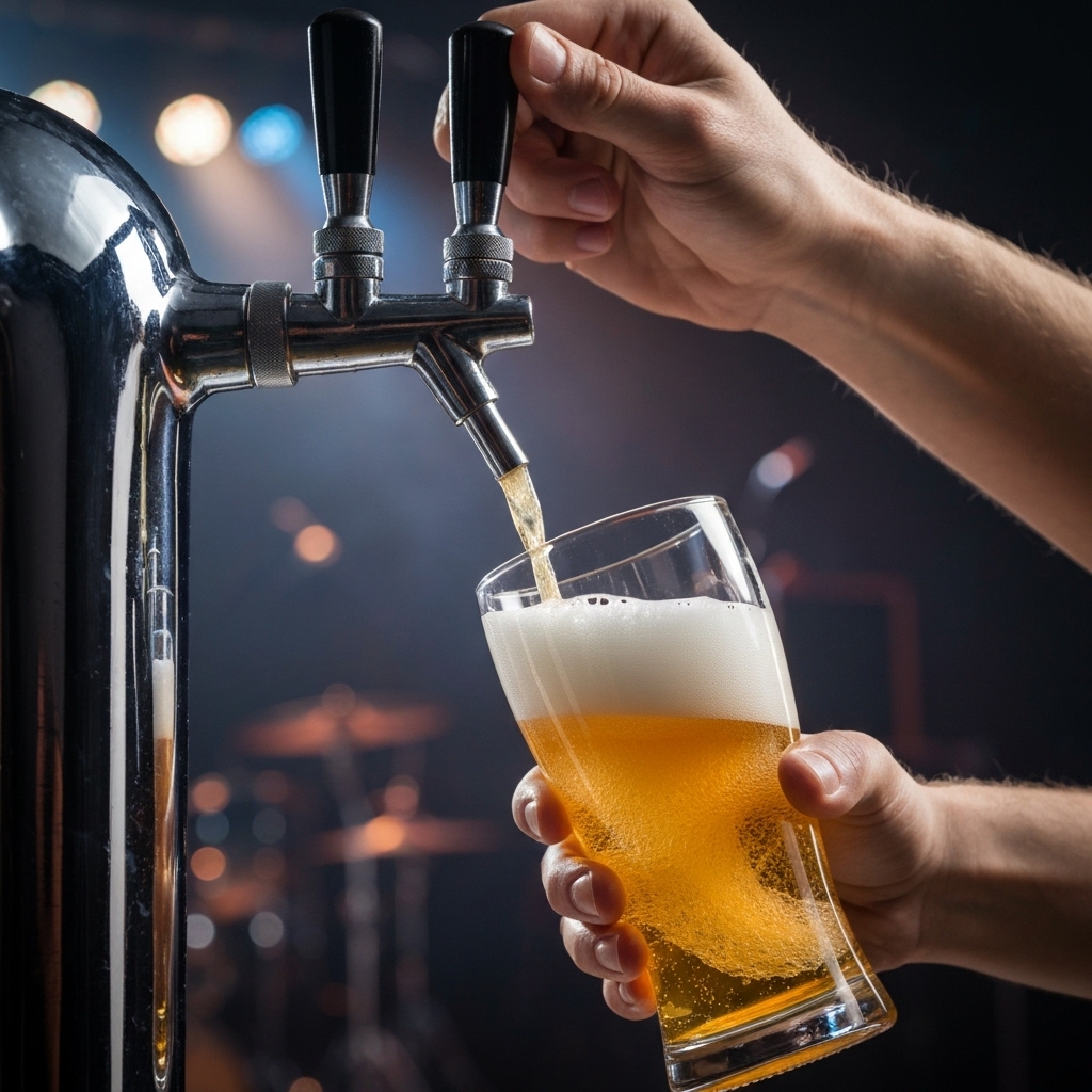 Close up of a beer tap pouring a cold blonde beer in a vintage glass with a blurred rock concert background