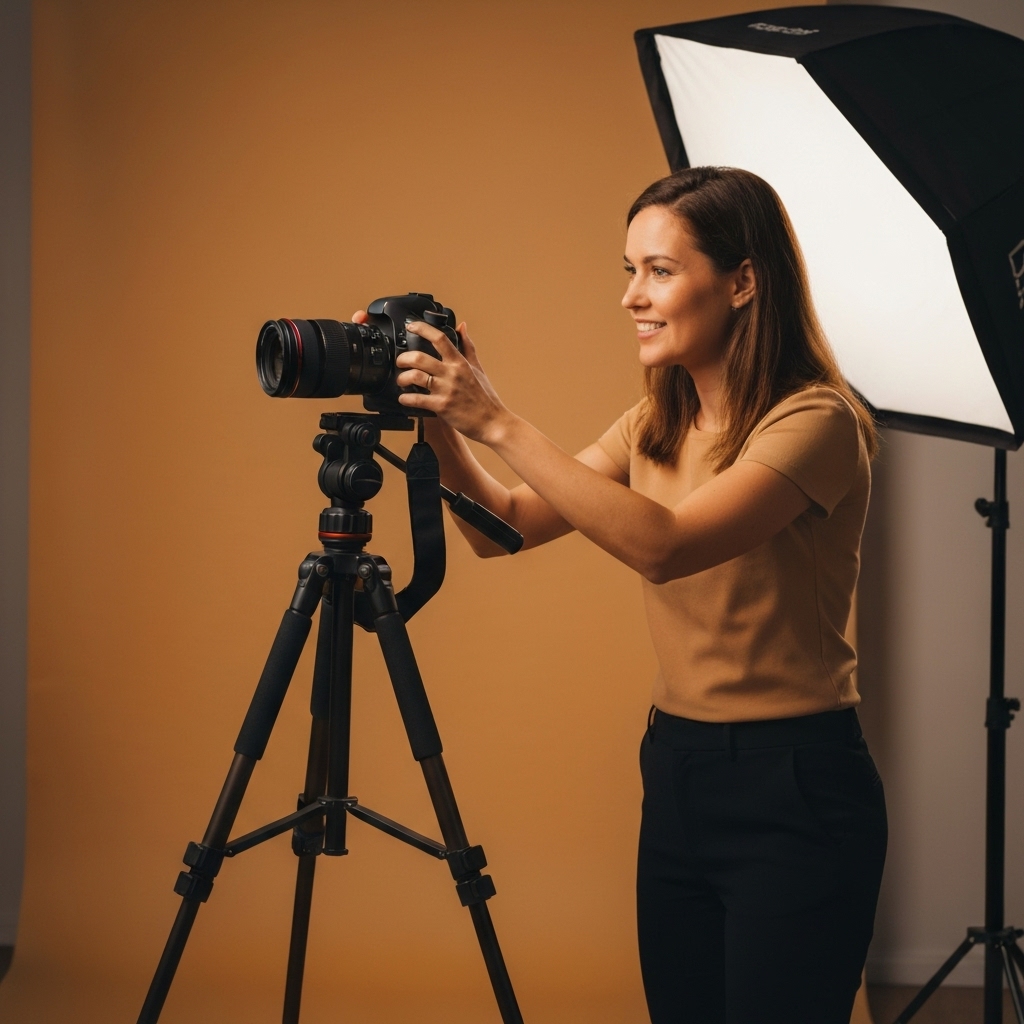 Professional photographer taking a portrait in a warmly lit studio setting, creating a welcoming atmosphere