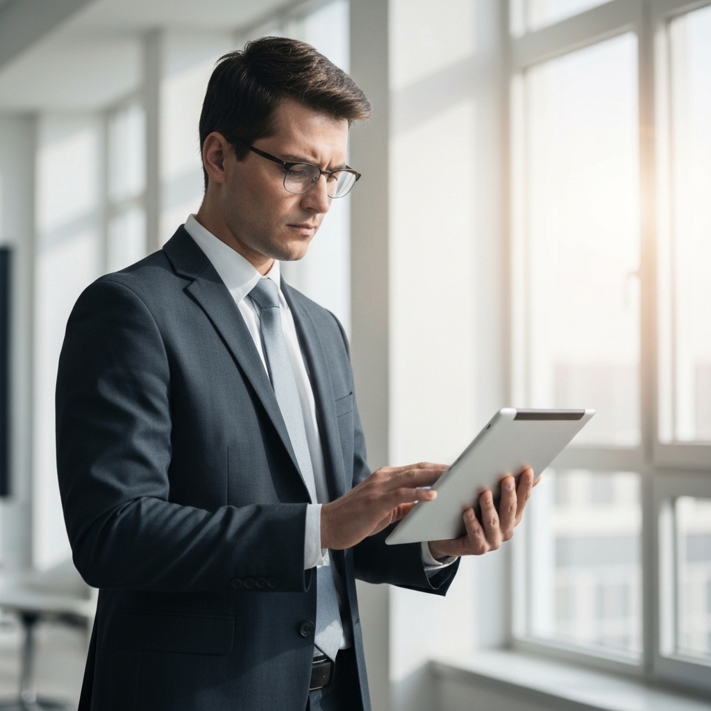 Professional analyzing growth charts on a tablet in a modern office in Geneva