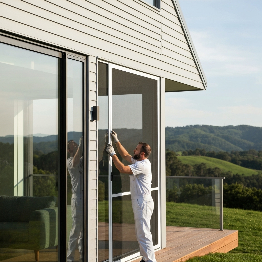A professional installing a custom insect screen on a modern Swiss villa window with rolling green hills of Echallens in the background, sunny day, high detail