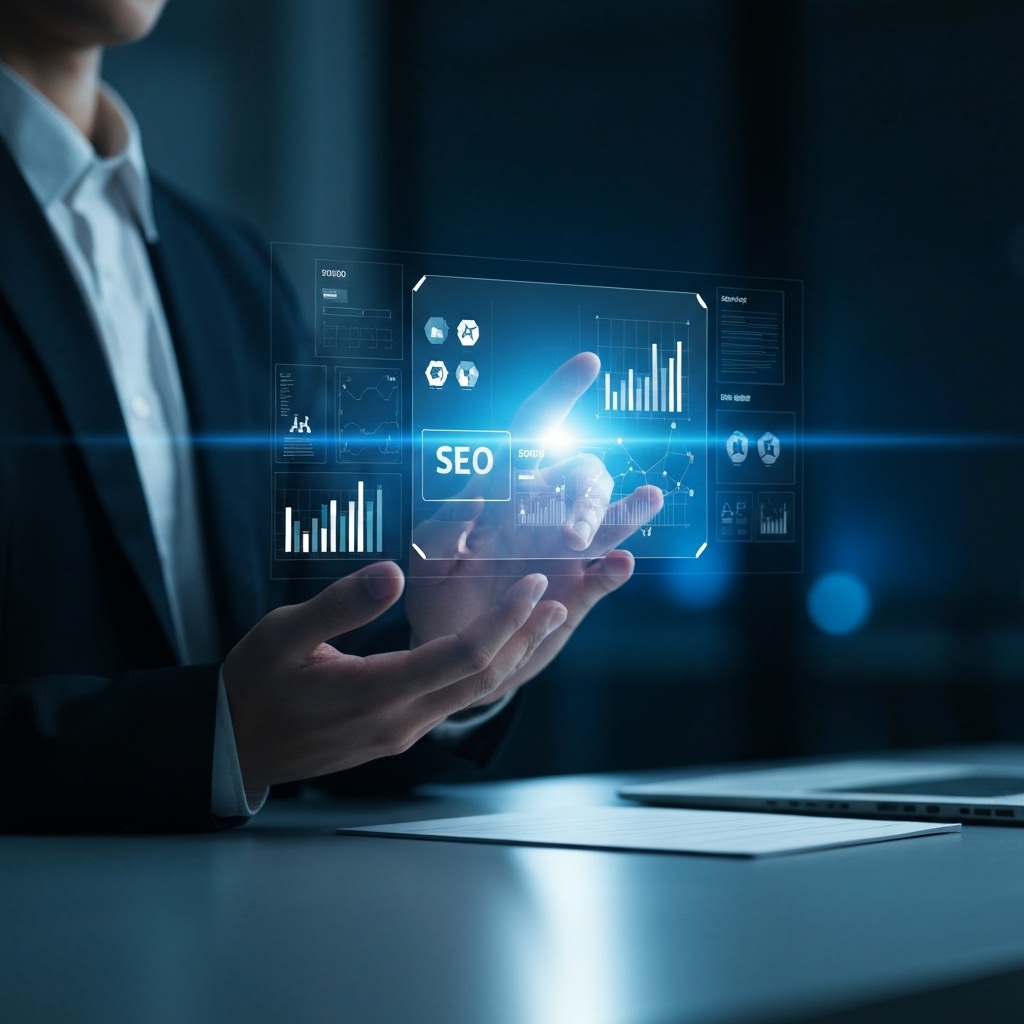 A digital marketer analyzing SEO data on a futuristic holographic interface representing AI tools