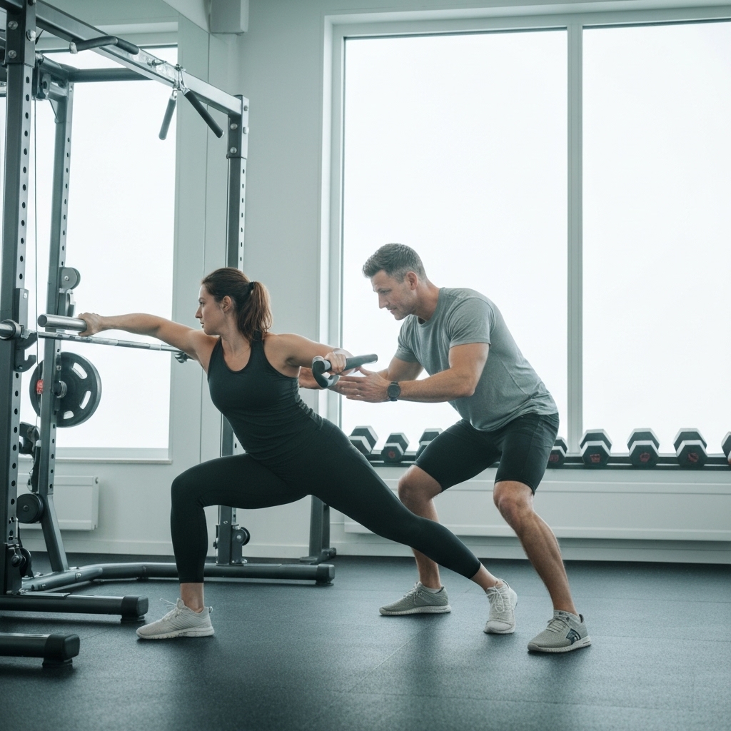 A professional fitness coach adjusting the posture of a client in a modern high-end private gym in Lausanne, natural lighting, premium atmosphere