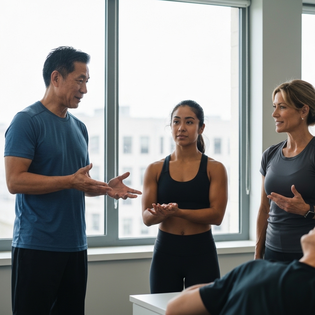 A motivating team meeting of fitness coaches discussing client progress in a bright office space
