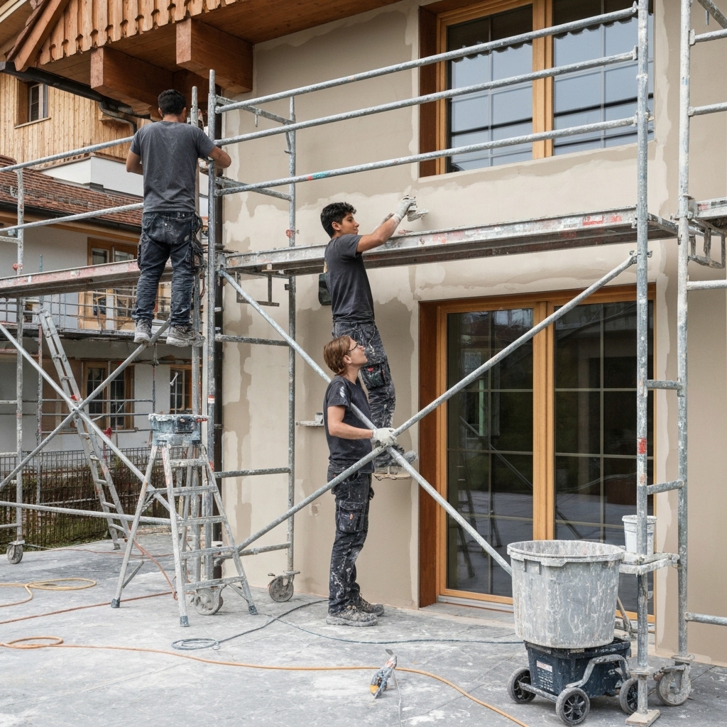 Professional exterior renovation team working on a modern swiss swiss facade with scaffolding and painting equipment