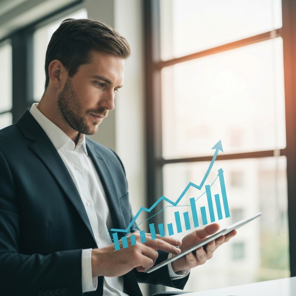 A determined Swiss SME CEO analyzing a rising growth chart on a tablet in a modern office in Lausanne A determined Swiss SME CEO analyzing a rising growth chart on a tablet in a modern office in Lausanne