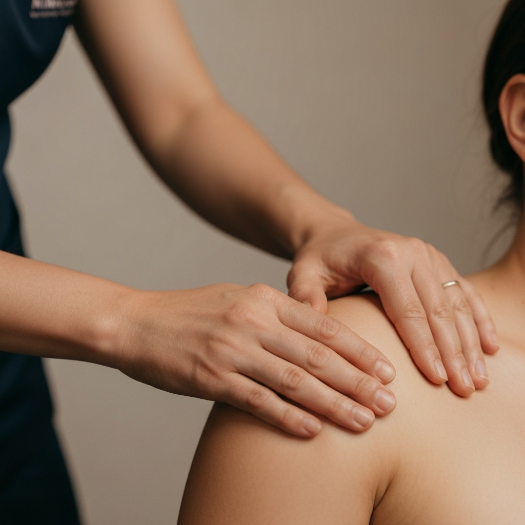 Close-up of gentle hands-on fascia release technique on a patient's shoulder
