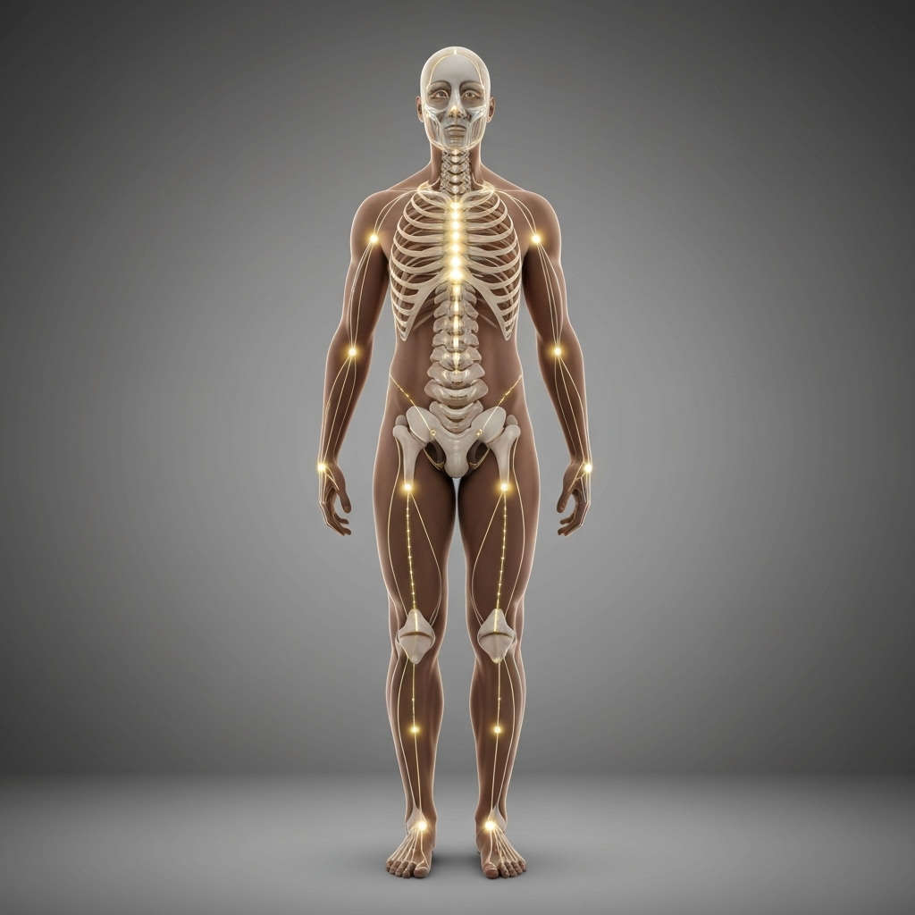 Visual representation of the human body showing interconnected myofascial chains linking the feet to the head