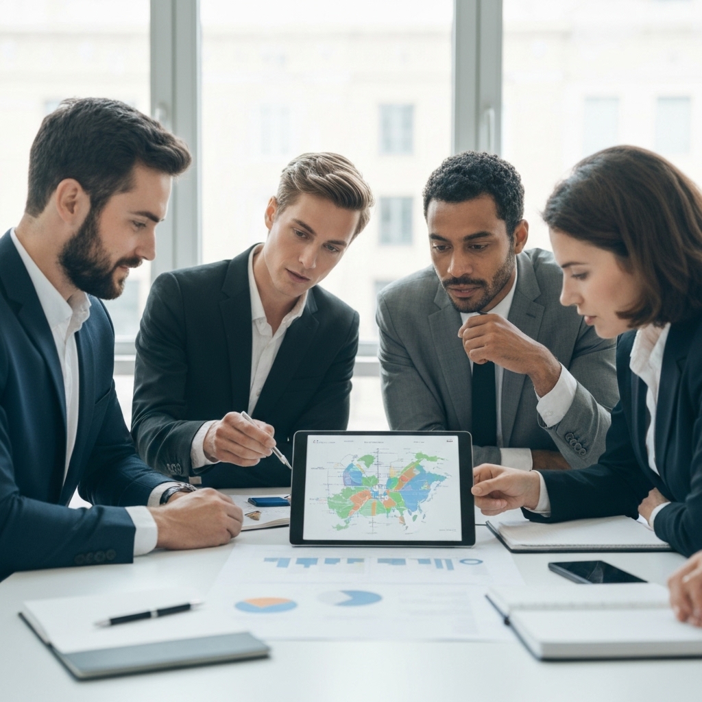 A professional team analyzing digital strategy map for a shopping mall in Geneva context