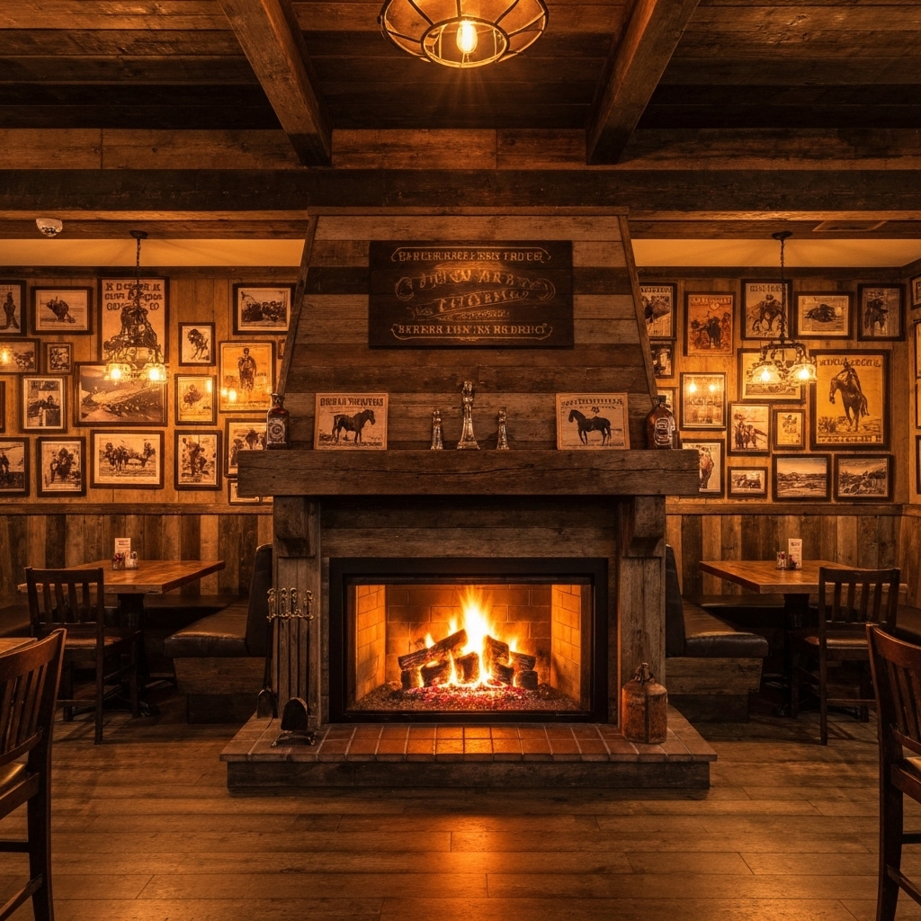 Intérieur chaleureux d'un pub style western avec bar en bois et éclairage tamisé