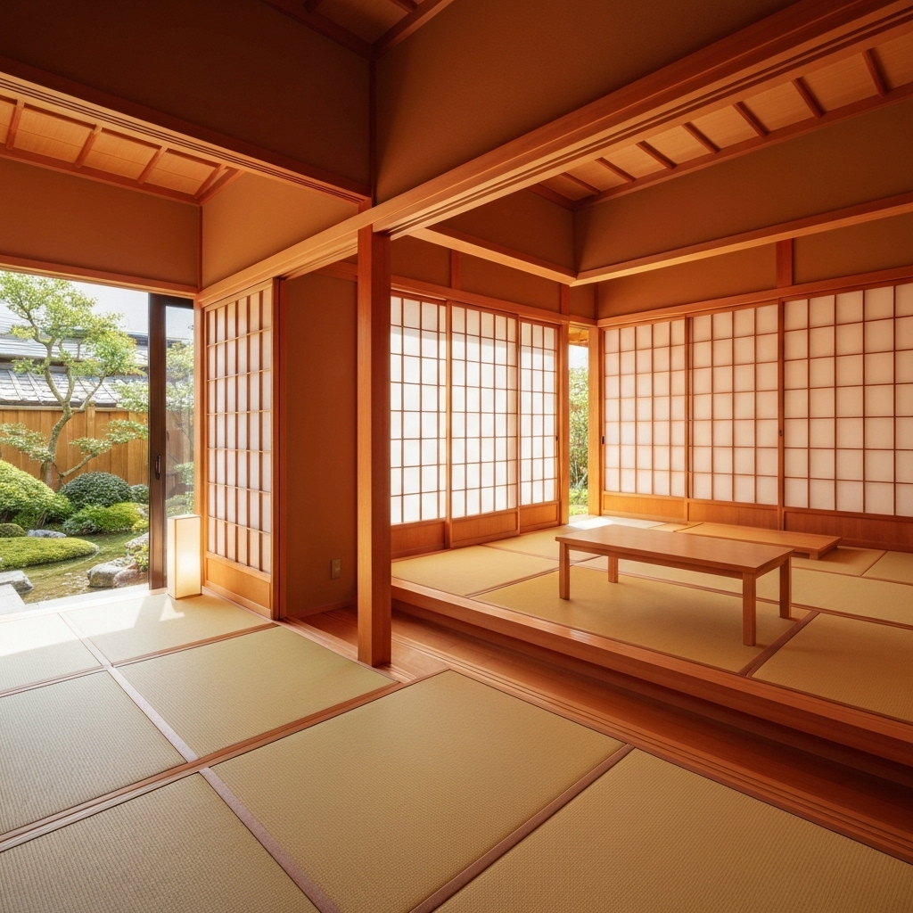 Salon lumineux style japonais avec mobilier bas en bois clair, grandes fenêtres donnant sur la nature et panneaux coulissants shoji, ambiance zen et épurée