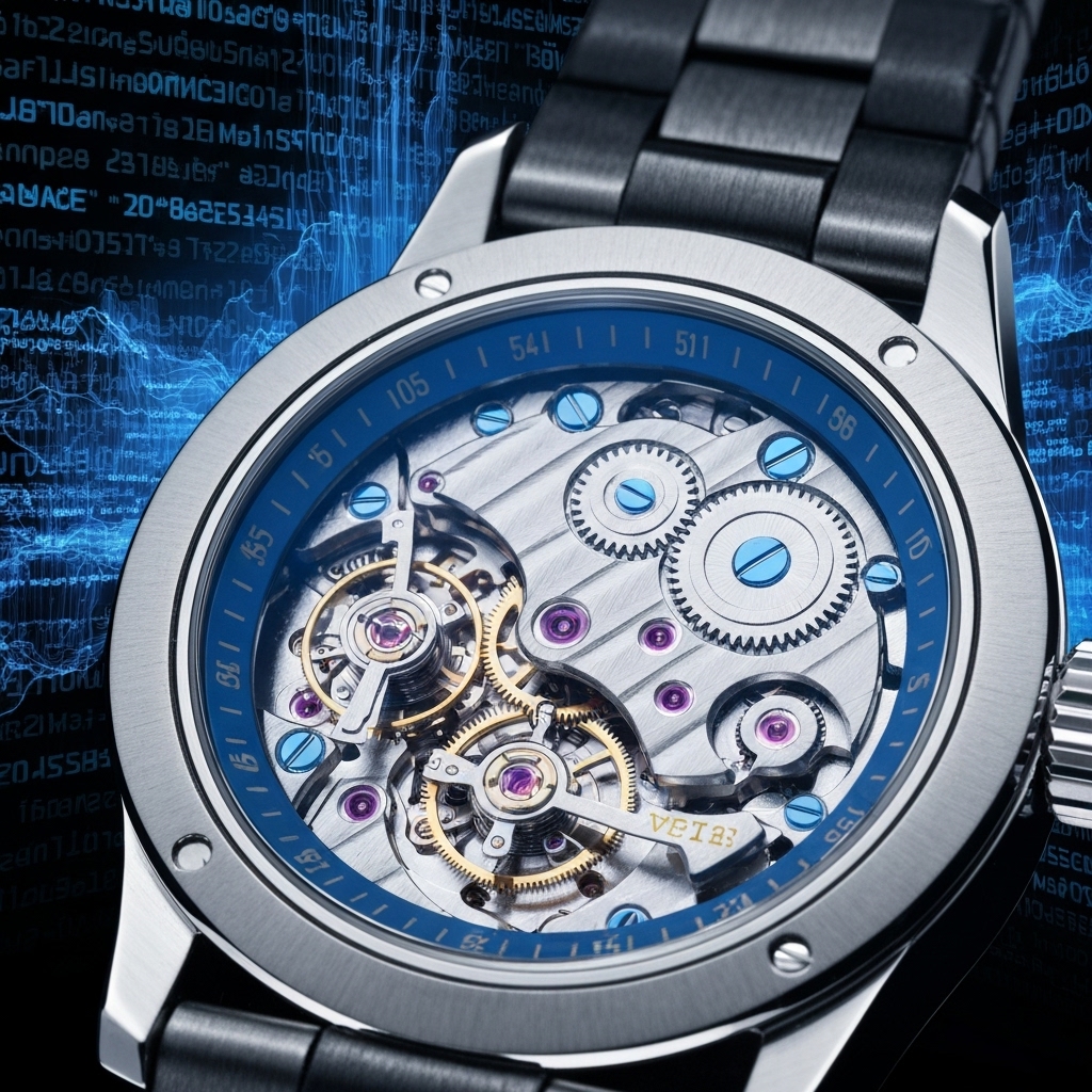 Close-up of a luxury watch mechanism linking to digital code representing precision writing