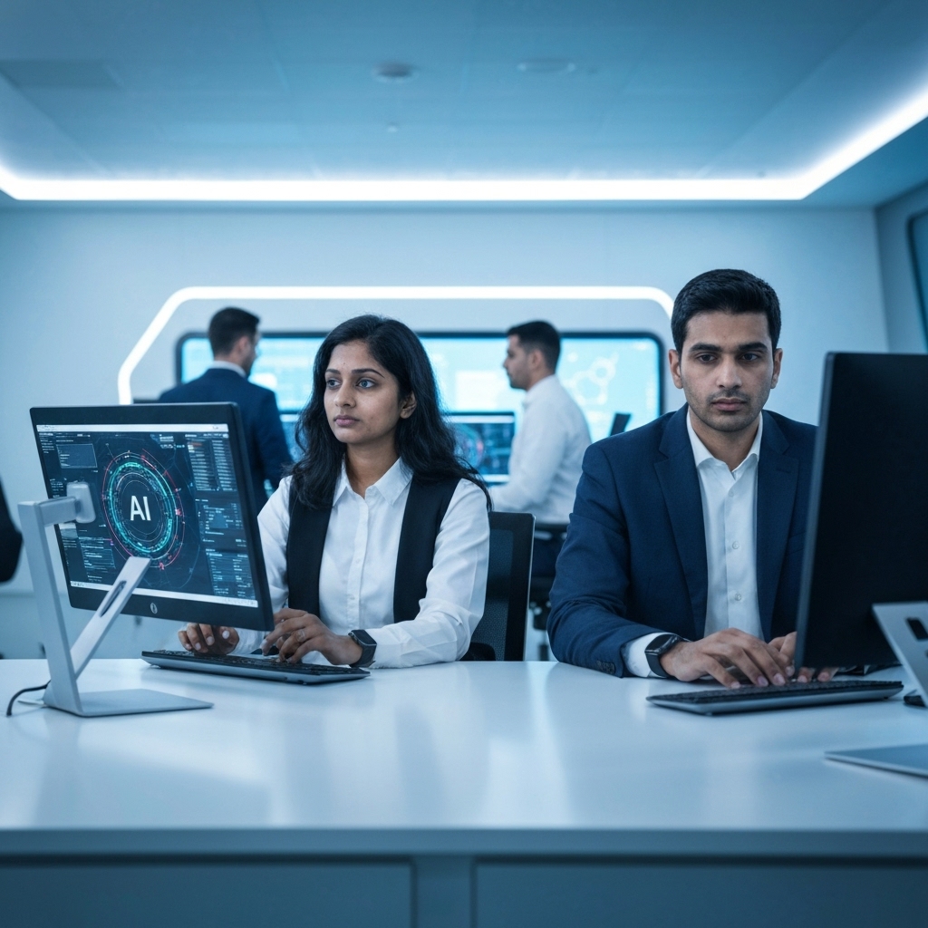 Futuristic digital office in Switzerland with data streams and diverse team working on AI screens