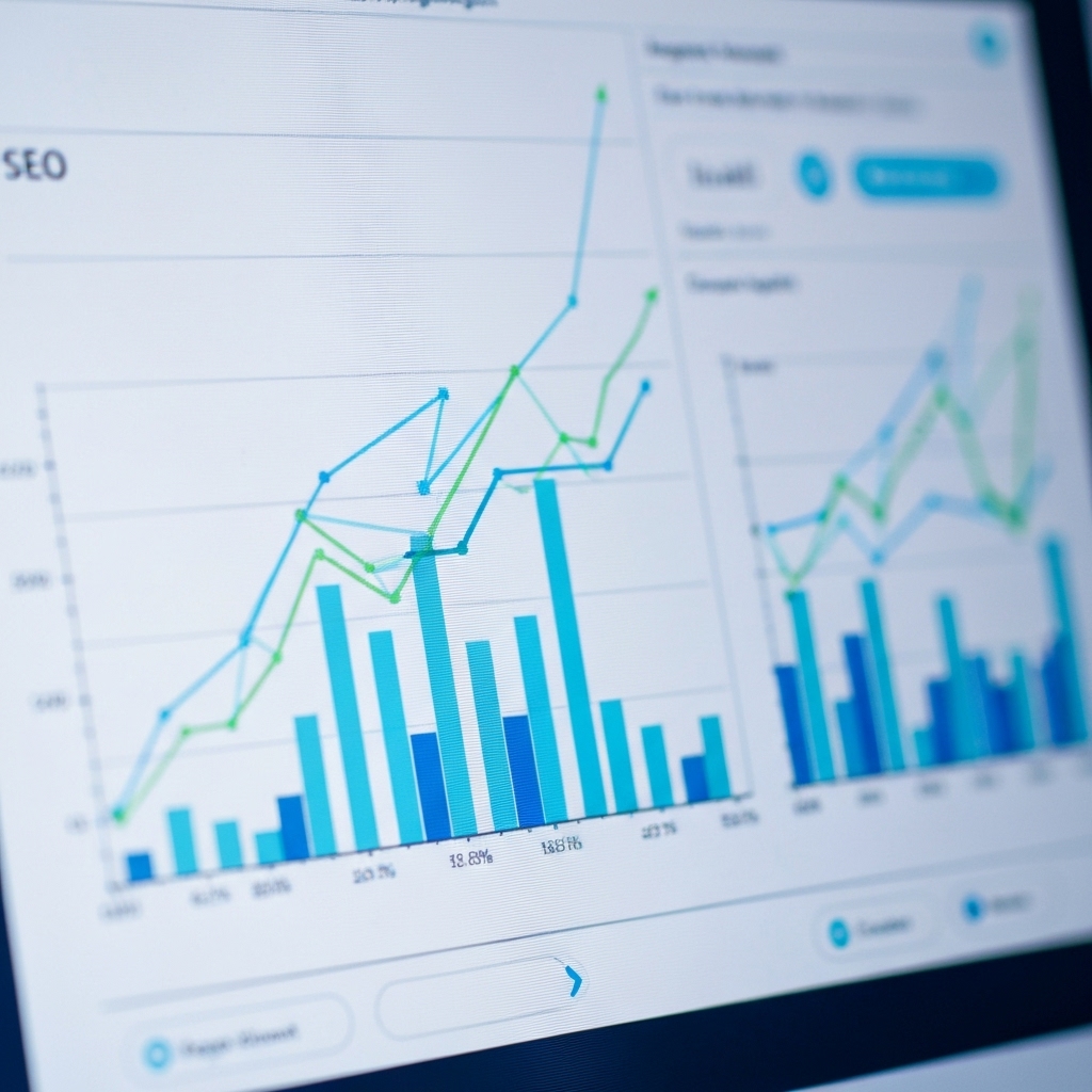 A close-up of a computer screen displaying complex SEO data visualization and growth charts