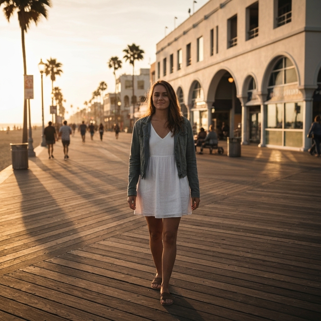 A woman aged 35 wearing a vintage denim jacket and a white linen dress walking near Venice Beach at sunset, embodying the California chic style