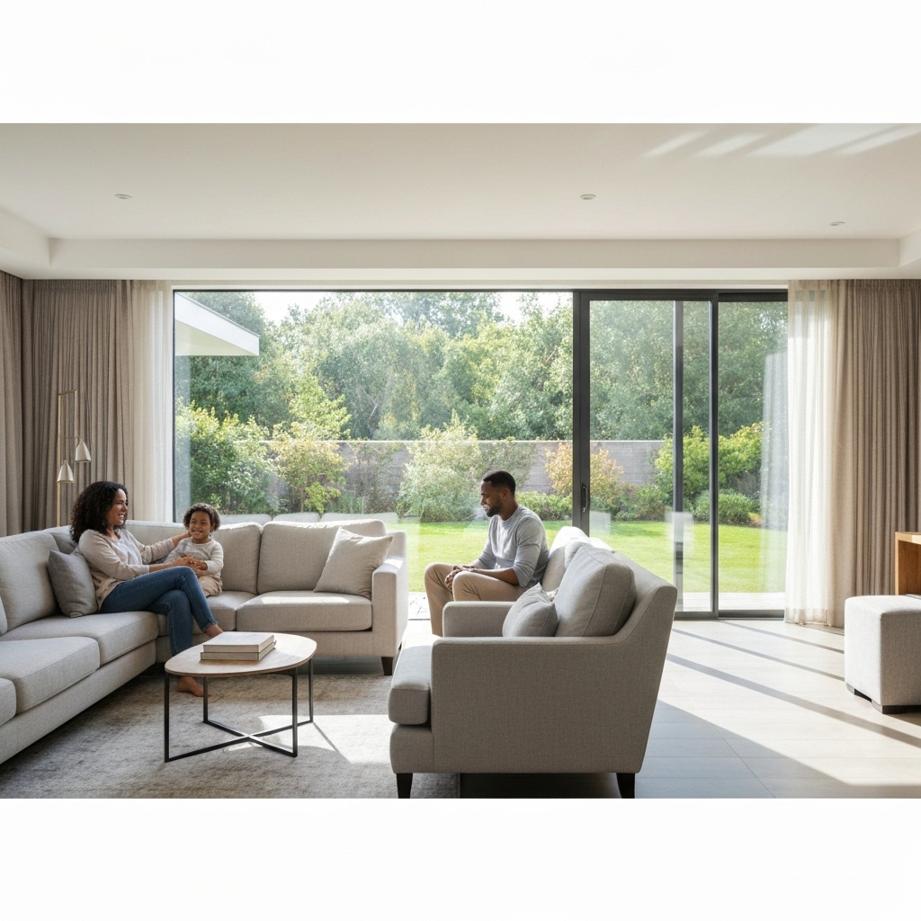 Family enjoying living room with open windows protected by high quality mosquito nets looking at garden