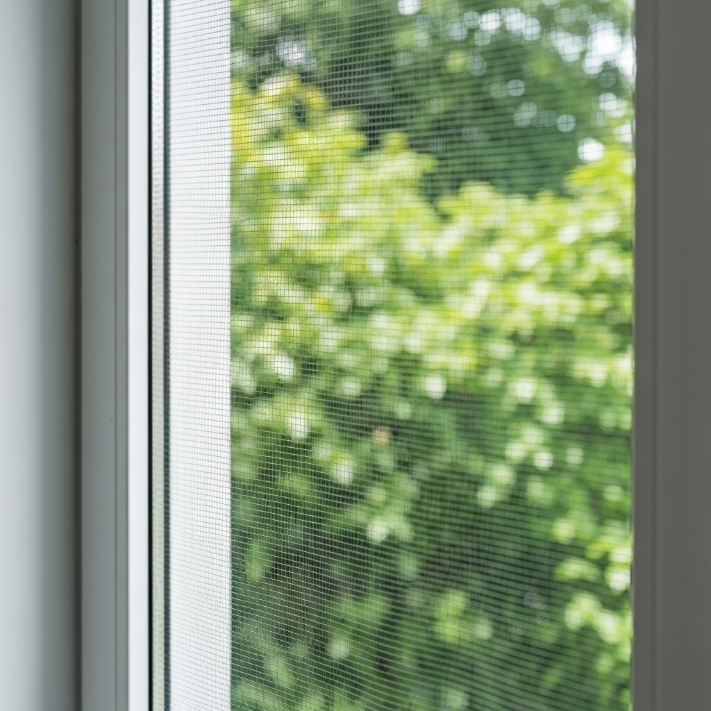 Close up of a modern custom mosquito net installed on a white window frame with green garden background