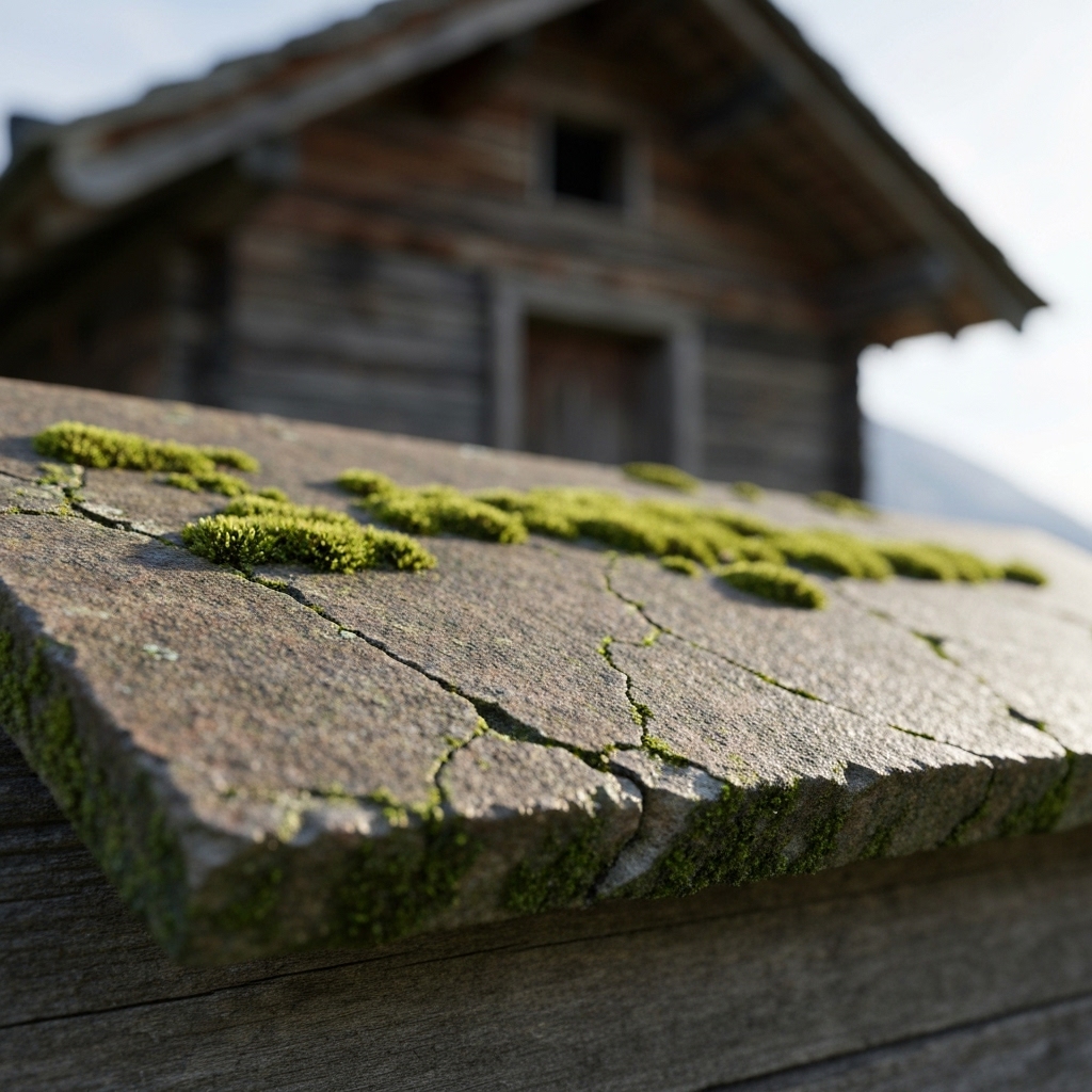 Close up view of a damaged roof tile with moss and small cracks on a typical Swiss house