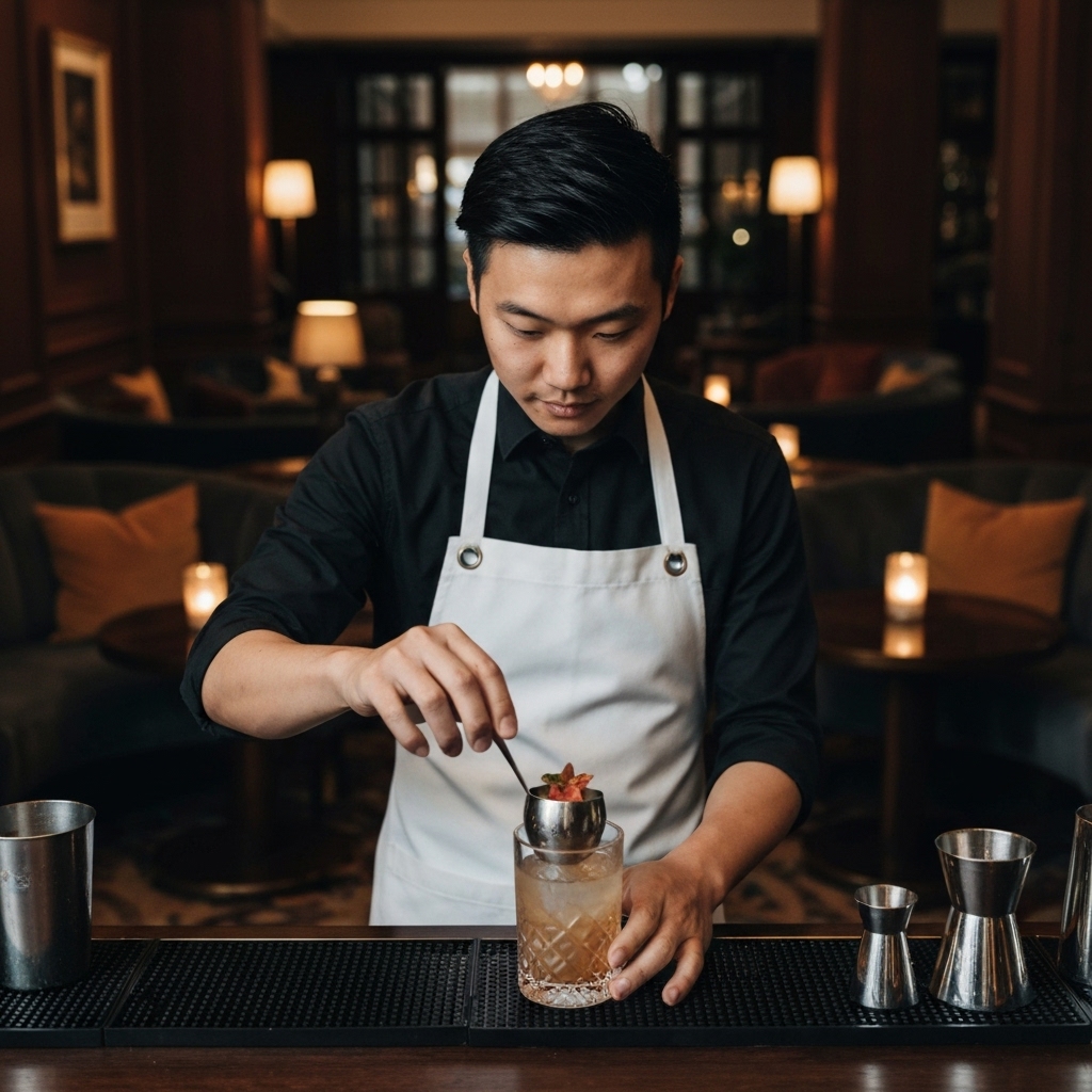 Barman élégant servant un mocktail sophistiqué à base de maté dans un verre en cristal dans un lobby d'hôtel de luxe