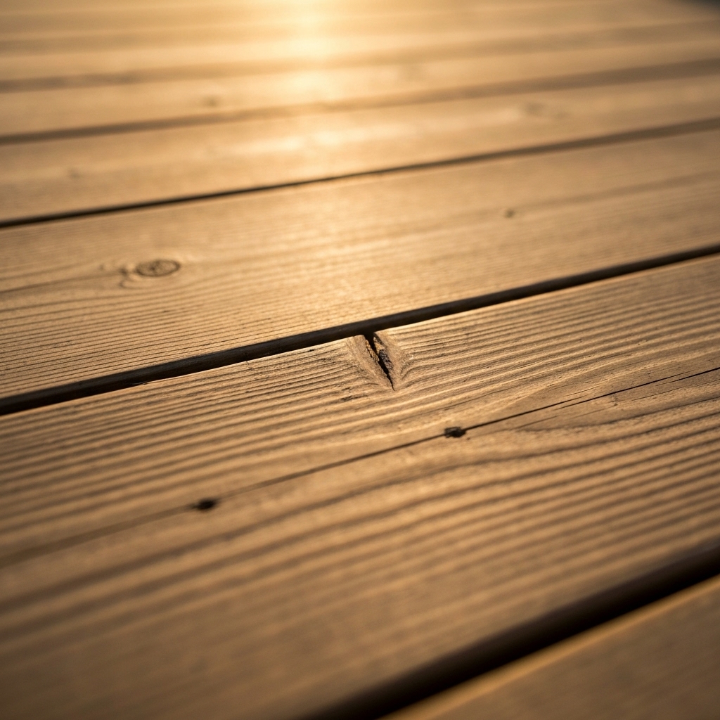 Close up view of a split wooden deck facing mossy stone pavers showing the need for cleaning