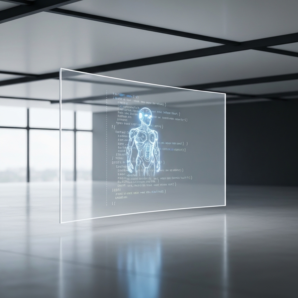 Futuristic digital workspace showing artificial intelligence constructing clean html code on a holographic screen