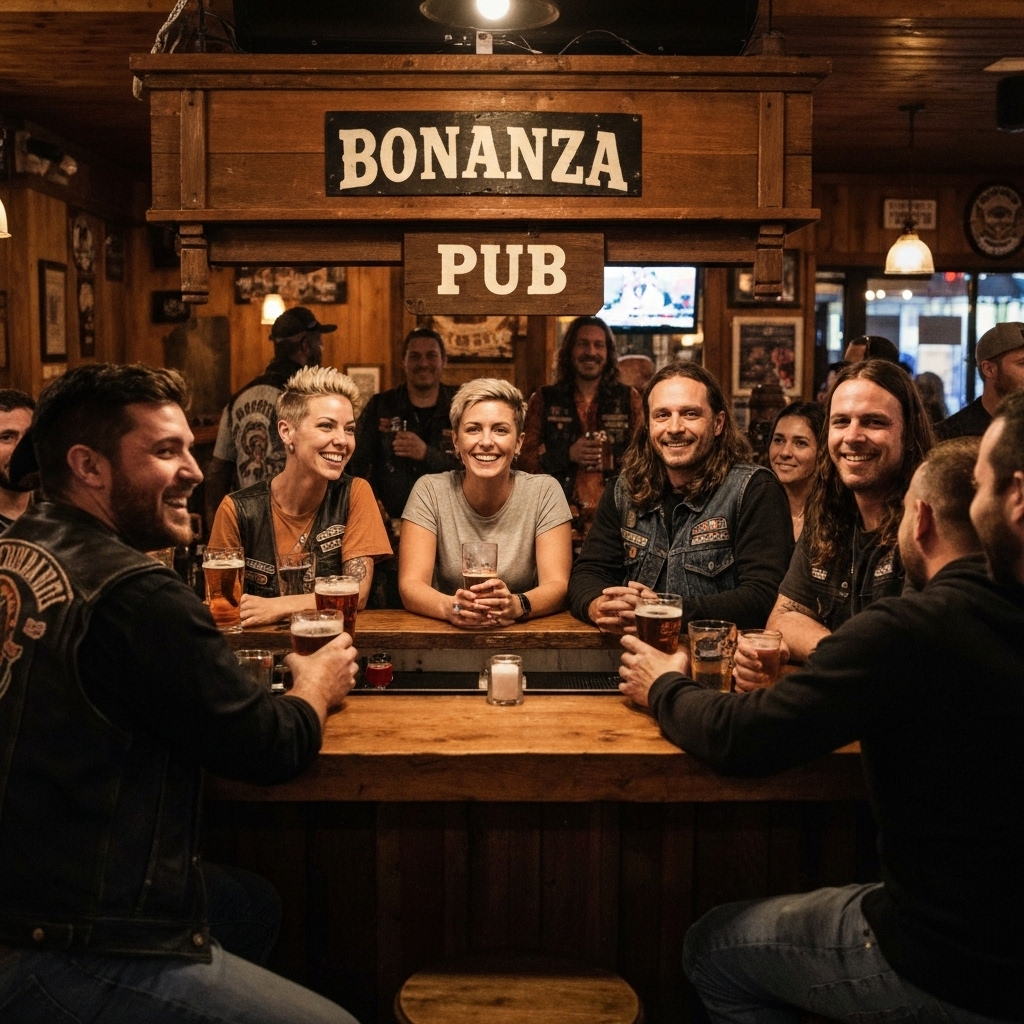 Ambiance chaleureuse au comptoir du Bonanza Pub avec des boissons et des clients souriants, style biker et bois brut