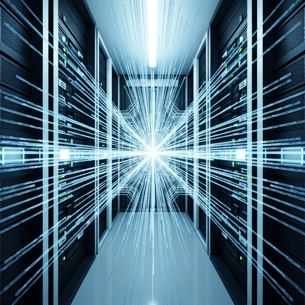 A futuristic abstract representation of data streams merging into a central point, symbolizing tool integration