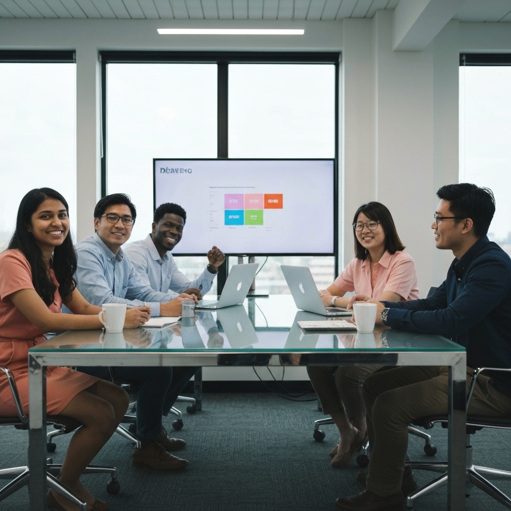 A digital marketing team analyzing data on a large screen in a modern office, cinematic lighting, photorealistic style