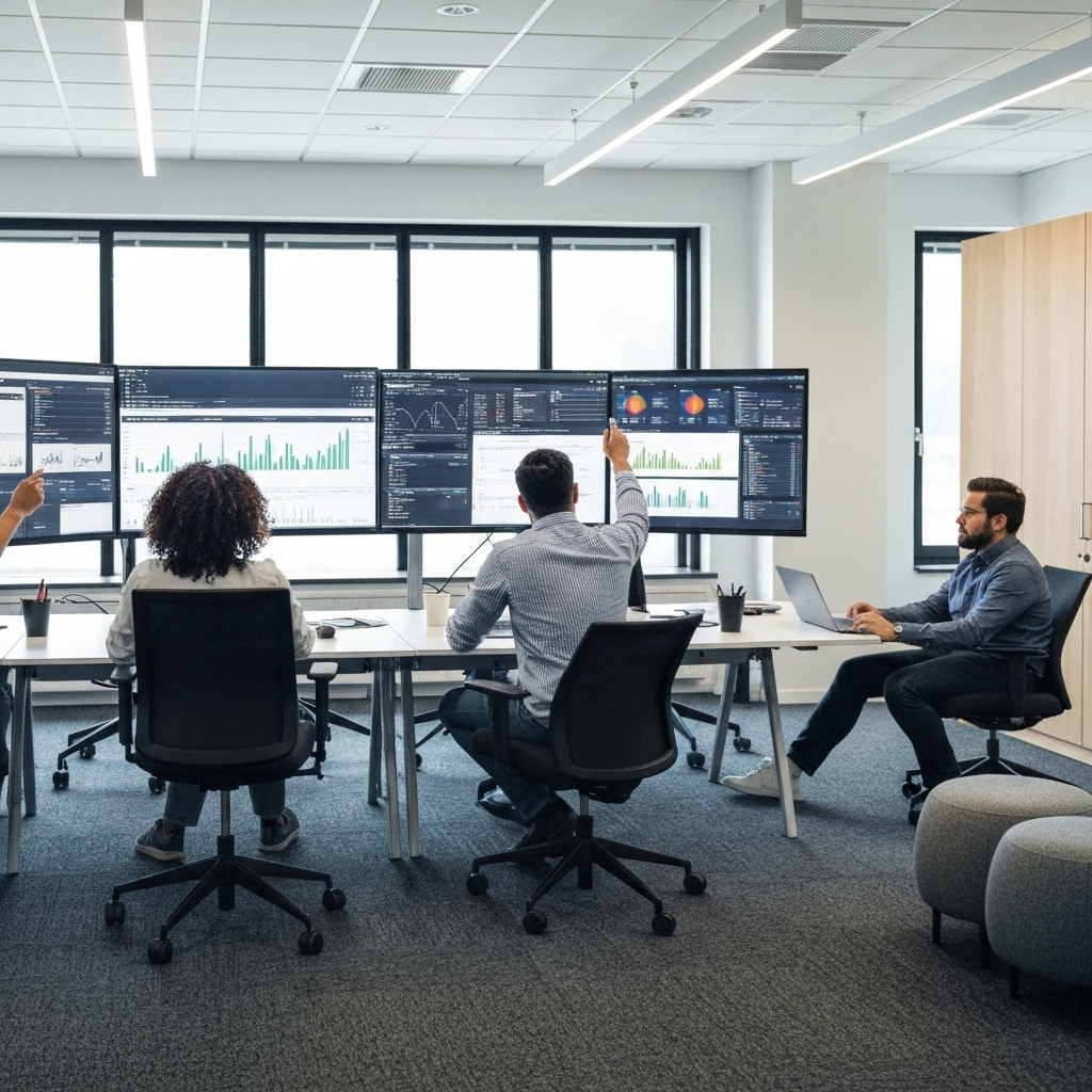 A professional marketing team in a modern office in Switzerland analyzing data on large screens, utilizing AI tools for strategy optimization.
