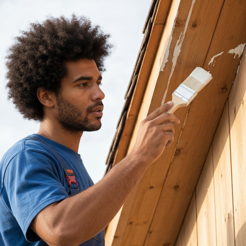 Close up of a professional painter applying white microporous paint on wooden roof eaves with a brush