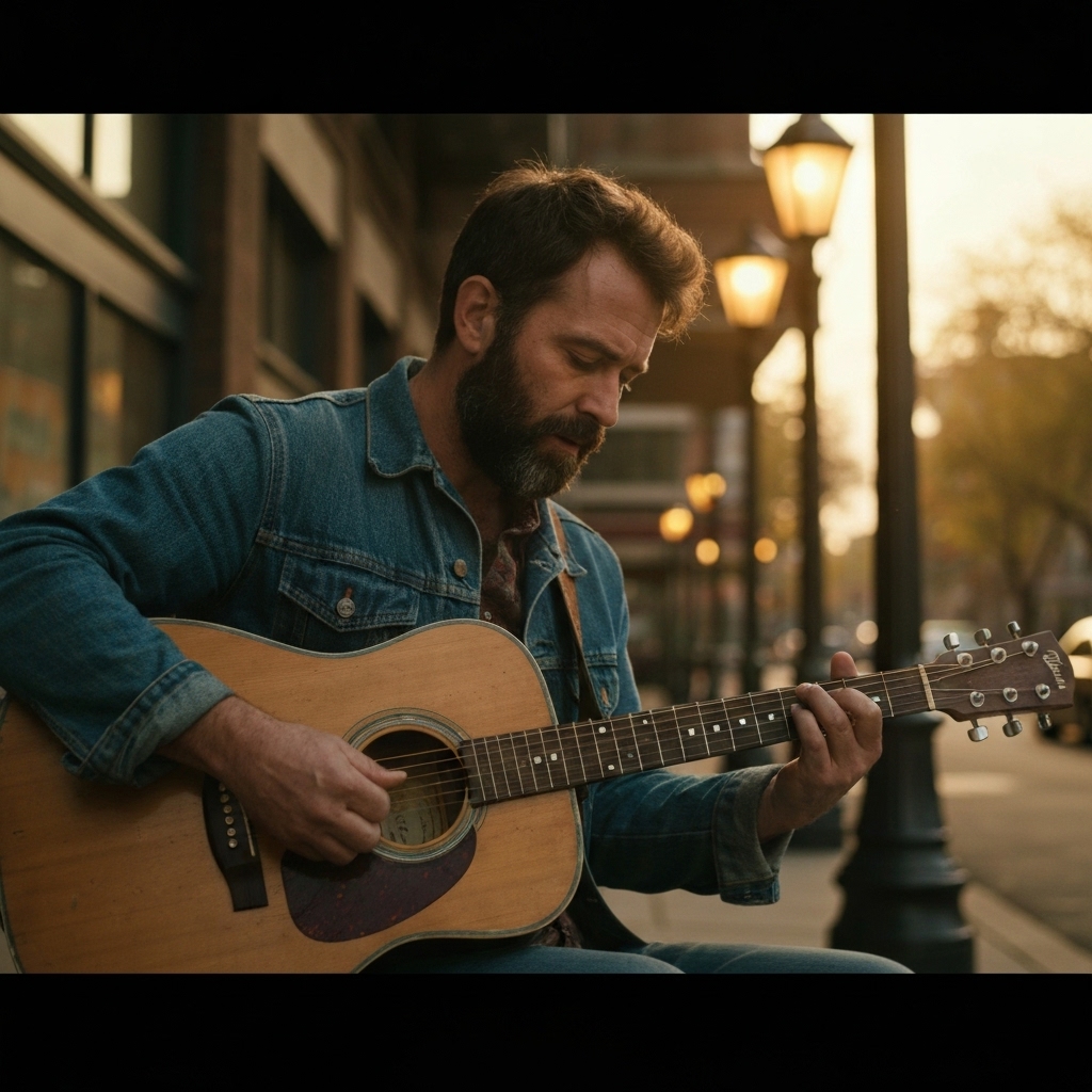 A street musician checking their phone earnings after a performance, looking thoughtful about transaction fees