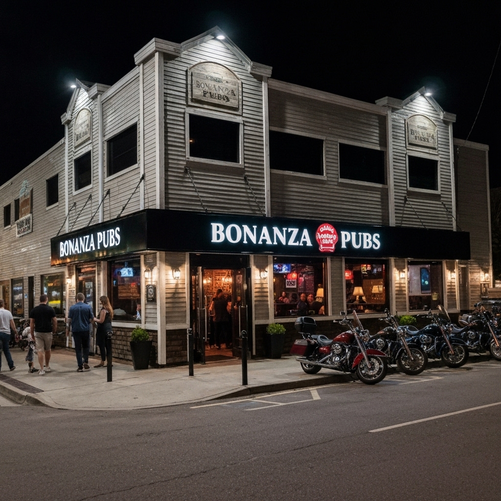 Vibrant exterior night shot of Bonanza Pub showing guests arriving and motorcycles parked outside